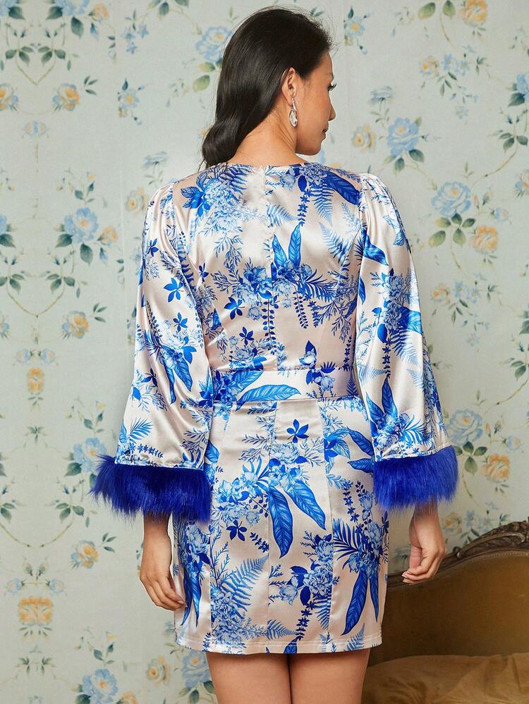 Floral Print Fuzzy Cuff Belted Satin Dress