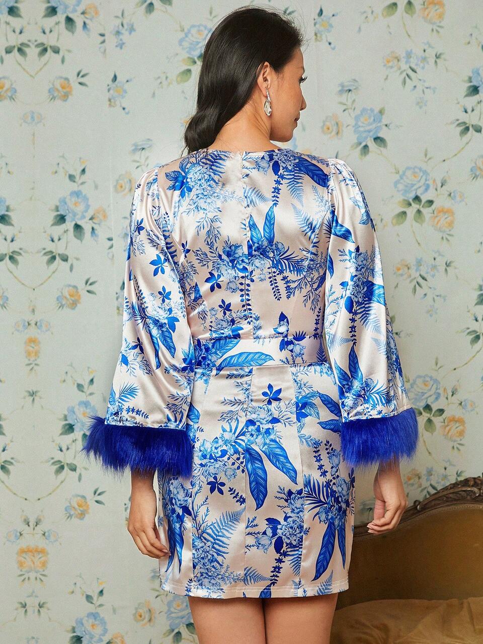 Floral Print Fuzzy Cuff Belted Satin Dress