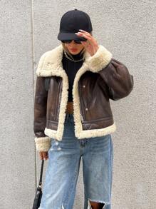 GENKIRA Teddy Lined PU Leather Jacket Faux Leather Aviator Jacket With Borg Lining  - Brown - View 5