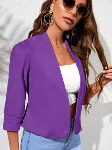 SHEIN Clasi Solid Open Front Ruched Sleeve Jacket - Purple - View 5
