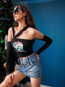 SHEIN X The Smurfs Cartoon & Letter Graphic Asymmetrical Neck Crop Tee - Black - View 6