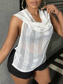 Slaydiva Plus Draped Hooded Tie Backless Mesh Top Without Bra - Hot Pink - View 3