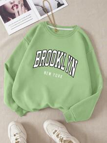 SHEIN EZwear 字母圖案加絨內裏運動衫 - 綠色 - 查看 1