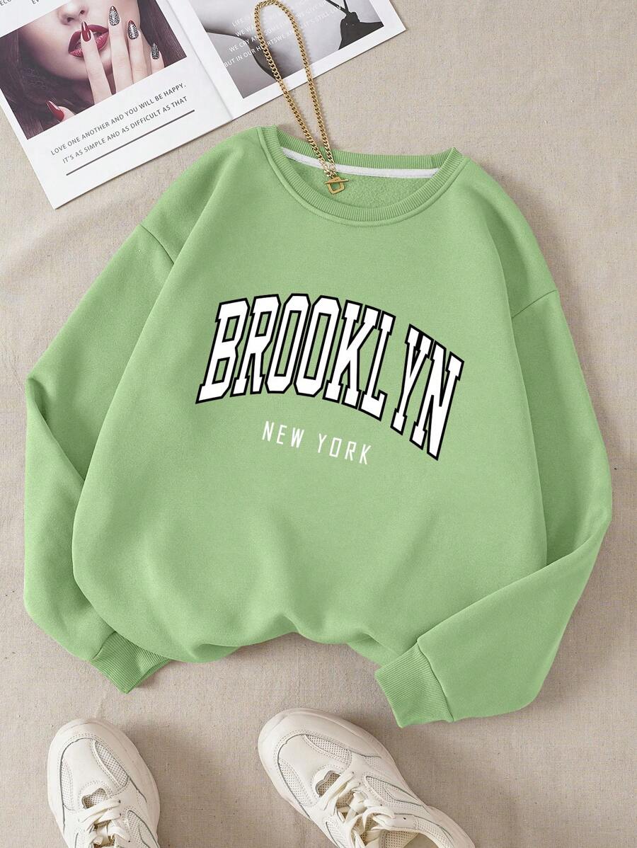 SHEIN EZwear 字母圖案加絨內裏運動衫 - 綠色 - 查看 1