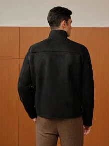 Manfinity NiteLyfe Men Casual Solid Color Stand Collar Thermal Lined Zip Up Jacket, Autumn/Winter - Black - View 6