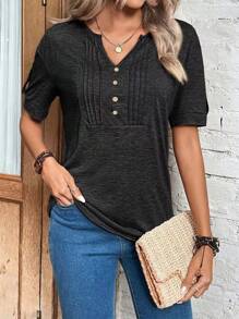 SHEIN LUNE Nhấn vào nếp gấp Chi tiết Đường viền cổ có rãnh Áo thun - màu đen - Xem 6