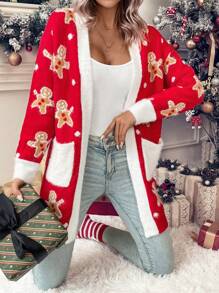 SHEIN LUNE Christmas Bear Pattern Dual Pocket Contrast Trim Dual Pocket Cardigan For New Year Clothes - Red - View 7
