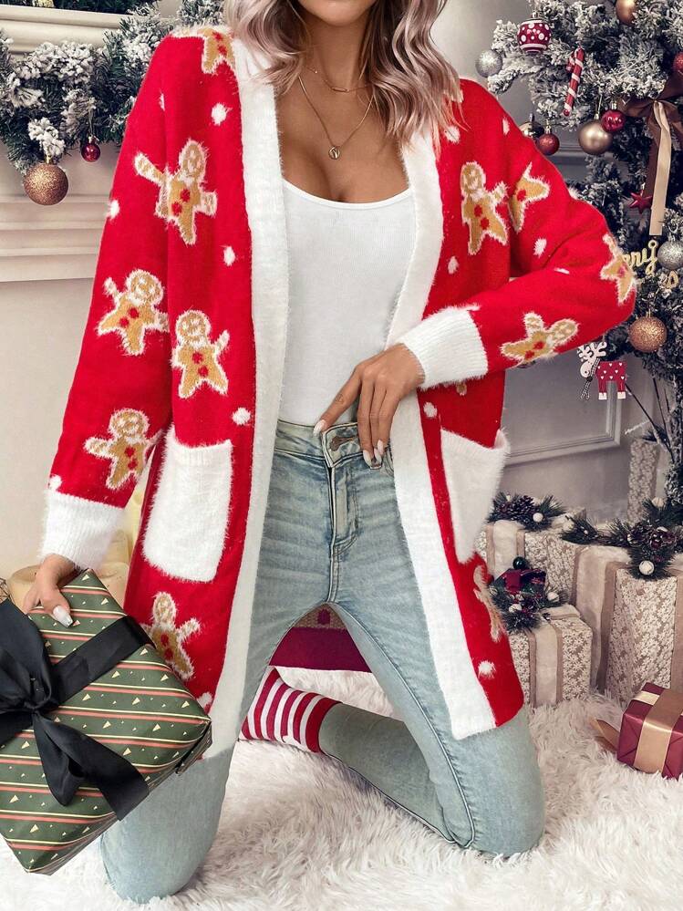 SHEIN LUNE Áo len cardigan họa tiết gấu túi đôi viền tương phản túi đôi cho quần áo năm mới - Đỏ - Xem 7