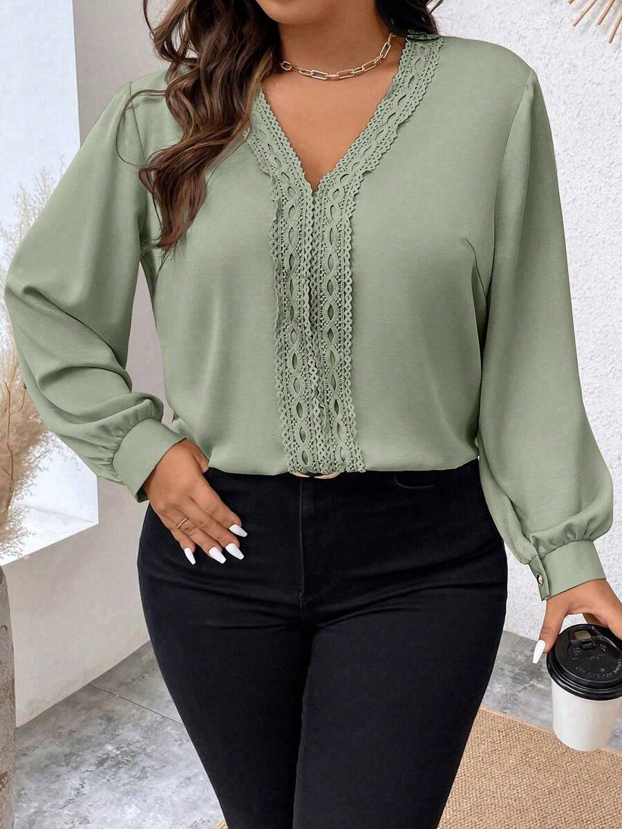 Celure Plus Guipure Lace Insert Lantern Sleeve Blouse - Green - View 1