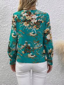 SHEIN Clasi Floral Print Guipure Lace Trim Blouse - Cadet Blue - View 2