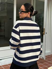 DAZY Striped Print Polo Neck Drop Shoulder Sweatshirt - Blue and White - View 2