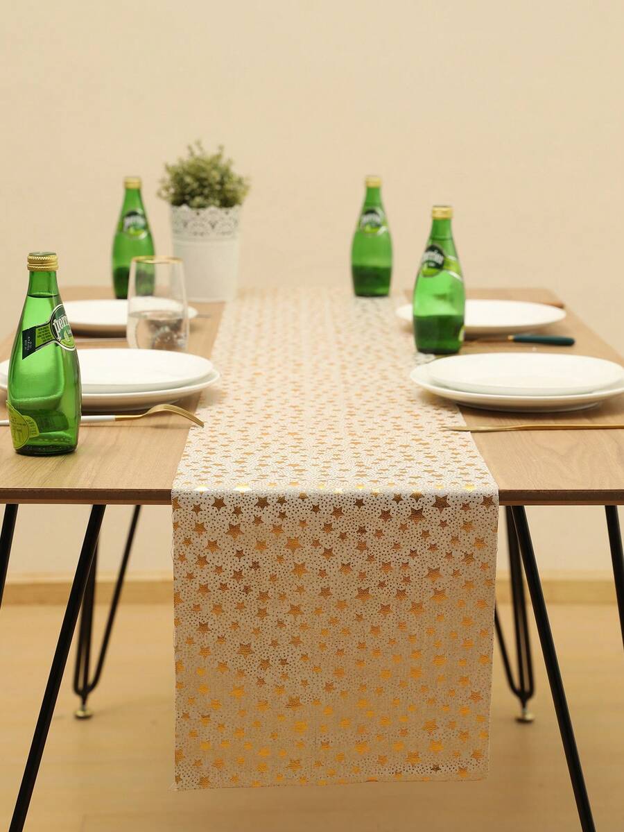 SHEIN Basic living 1條桌布條,星星熱壓花紋,尺寸為78.7×11英寸,宴會裝飾用的布條,金色生日派對裝飾用品,適用於婚禮生日派對 - 彩色 - 查看 1