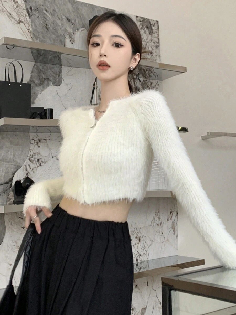 纯色纽扣短款蓬松开衫，长袖上衣，休闲春季款 - 米色 - 查看 1