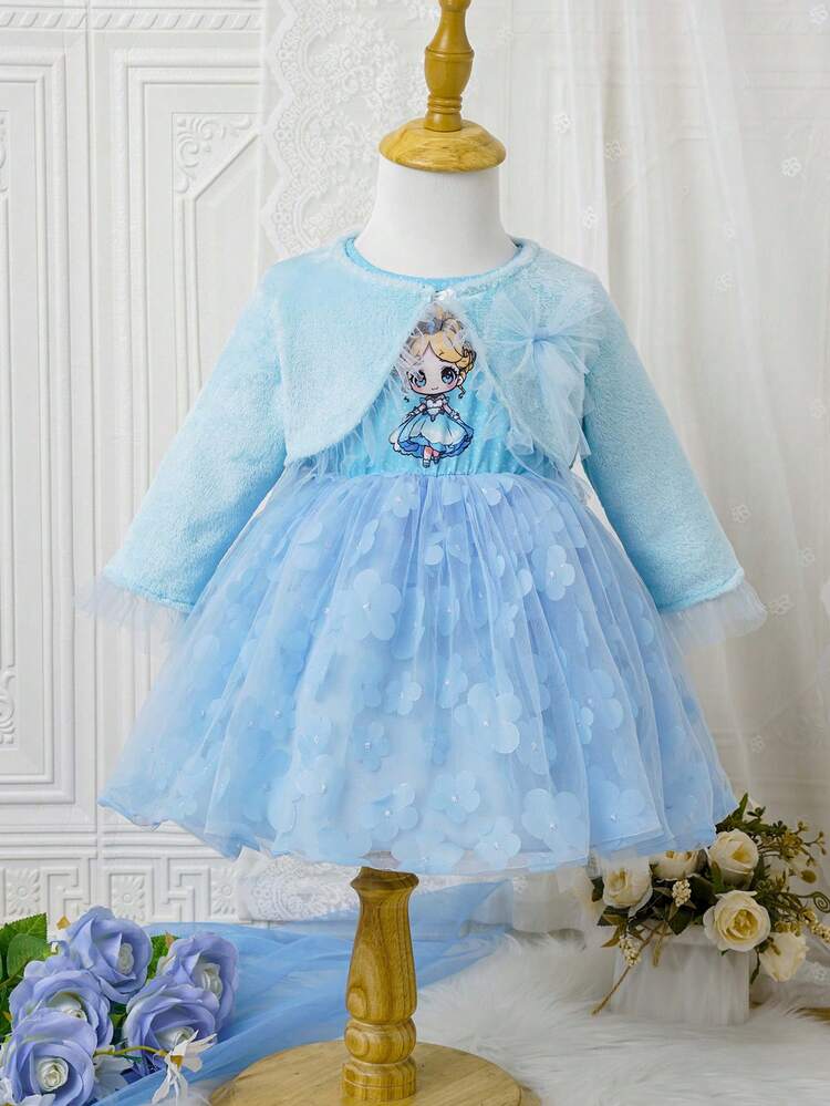 Baby Girl Figure Graphic Contrast Mesh Dress & Jacket