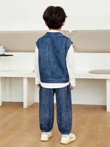 SHEIN Young Boy Flap Pocket Denim-Effect Print Vest Jacket & Pants & Solid Shirt - Multicolor - View 2