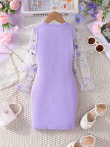 Young Girl Cute And Fashionable Round Neck Long Sleeve Transparent Embroidered Floral Dress, Spring/Autumn New Arrival