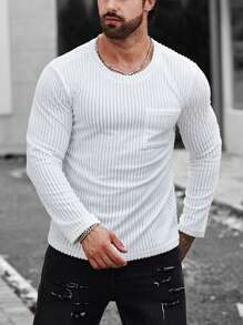 Manfinity Homme Nam In sọc Vá Túi Áo thun - trắng - Xem 1