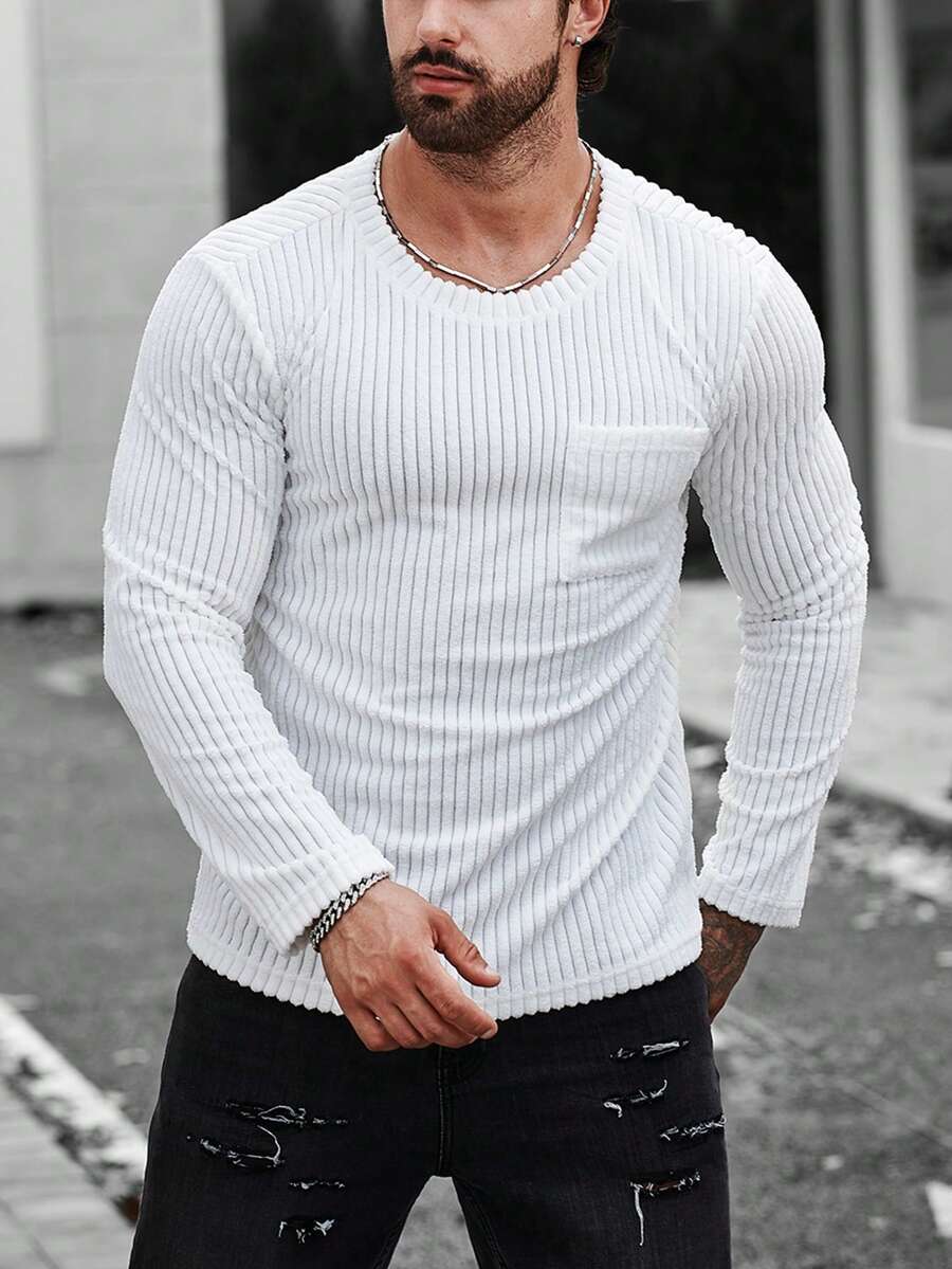 Manfinity Homme Nam In sọc Vá Túi Áo thun - trắng - Xem 1