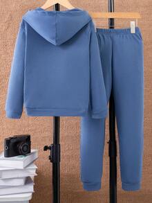 SHEIN 男大童字母補丁細節連帽衫和運動褲 - 藍色 - 查看 2