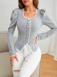 SHEIN Privé Guipure Lace Trim Gigot Sleeve Button Front Jacket - Grey - View 1