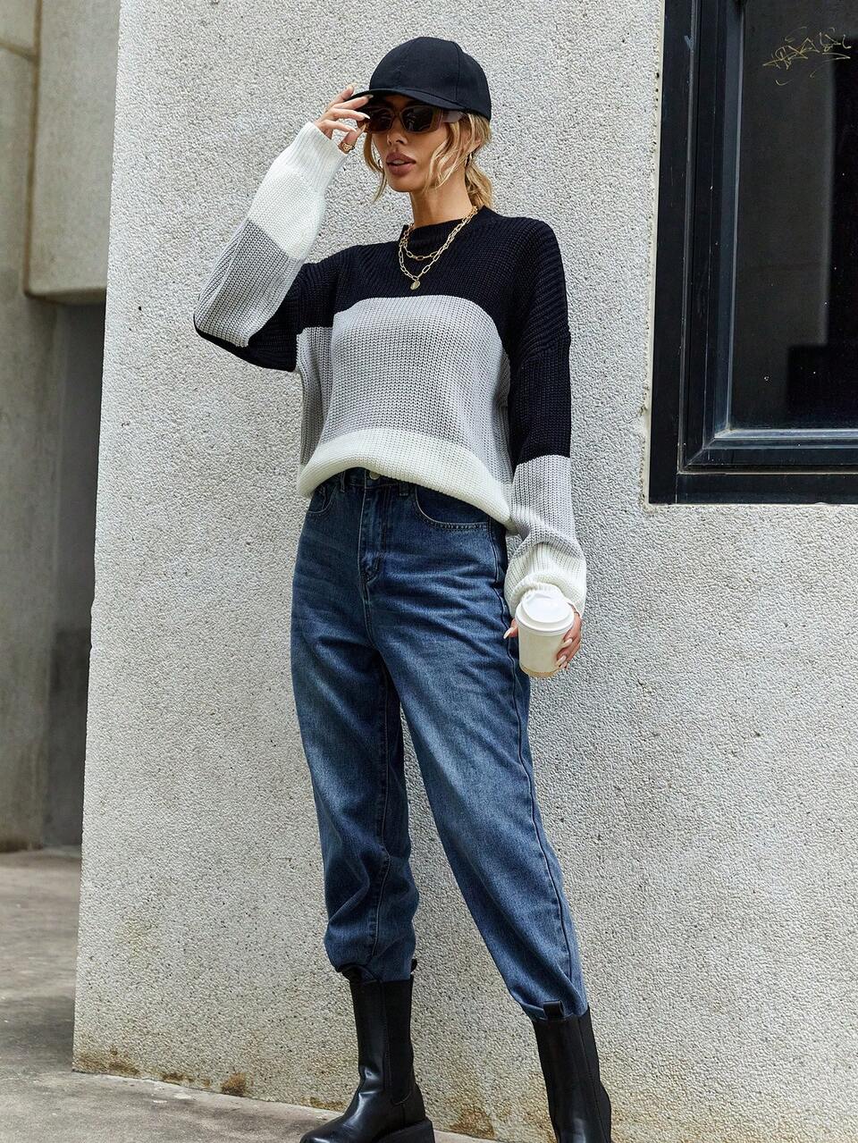 Color Block Drop Shoulder Knit Pullover Fall Winter Sweater