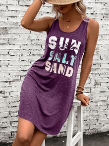 SHEIN LUNE 標語圖案背心洋裝 - 紫色 - 查看 5