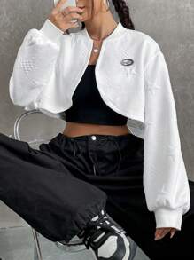 SHEIN EZwear Chi tiết Patched thư Thả vai Mùa vụ Áo khoác bomber - trắng - Xem 6