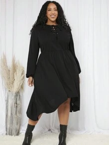 SHEIN CURVE+ 大碼前繫帶燈籠袖洋裝 - 黑色 - 查看 6