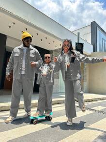 SHEIN 女大童翻蓋口袋落肩袖襯衫和褲子 - 淺灰色 - 查看 5