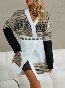 SHEIN Unity Cárdigan sin cinturón de hombros caídos con estampado geométrico - Blanco y Negro - Ver 6