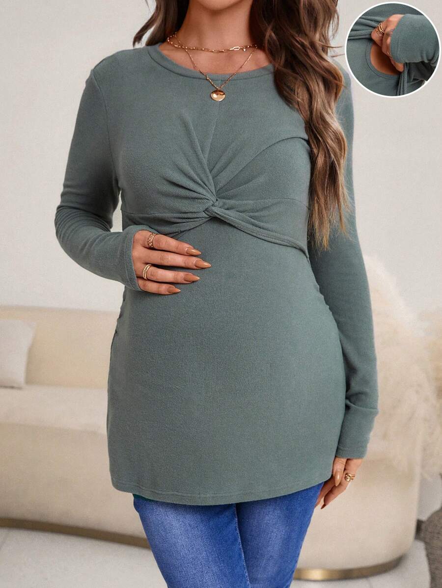 SHEIN Maternity Twist Front Nursing Tee - Green - View 1