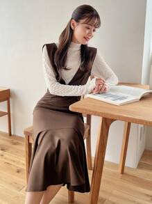 FRIFUL Solid Mermaid Hem Overall Dress Without Tee - Coffee Brown - View 6