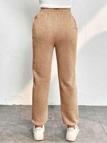 SHEIN PETITE Chất rắn Xiên Eo đàn hồi Túi Quần thể thao - Cà phê nâu - Xem 2