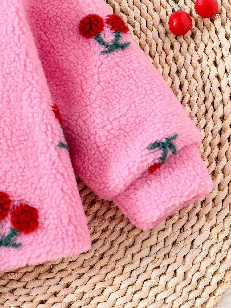 Baby Girl Cherry Pattern Zip Up Teddy Coat