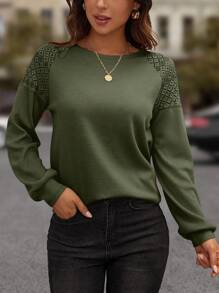 SHEIN LUNE Contrast Lace Raglan Sleeve Tee - Dark Green - View 1