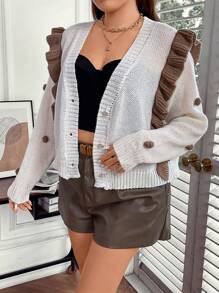 SHEIN Clasi 大碼小絨球細節荷葉邊開襟衫 - 白色 - 查看 4