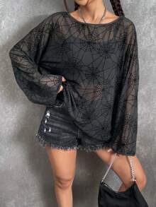 SHEIN EZwear 蜘蛛網印花落肩袖網紗上衣不附胸罩 - 黑色 - 查看 5