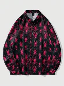 ROMWE MEN Academia 男士滿版圖案前紐扣襯衫 - 黑色 - 查看 1