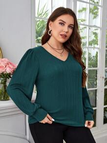 EMERY ROSE Plus Solid V Neck Lantern Sleeve Tee - Dark Green - View 3
