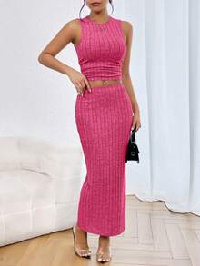 SHEIN Essnce Solid Ruched Tank Top & Skirt - Hot Pink - View 5