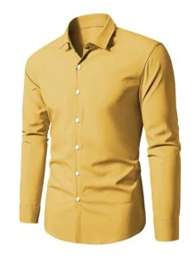 Manfinity Mode Men Solid Button Up Shirt, For Fall, Long Sleeve Top - Yellow - View 3