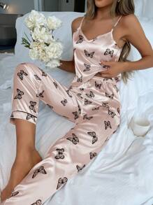 Conjunto de pijama / Pijama de satén con estampado de mariposa - Rosa Pálido - Ver 1