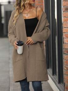 SHEIN Essnce 雙口袋連帽開襟開衫 - 卡其色 - 查看 6