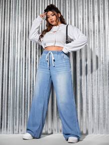 SHEIN Tall CURVE Plus Size Women Blue Loose Denim Wide-Leg Pants - Blue - View 4
