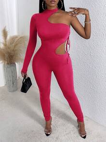 Slaydiva 單肩鏤空側抽繩彈力緊身連體褲 - 玫紅色 - 查看 3