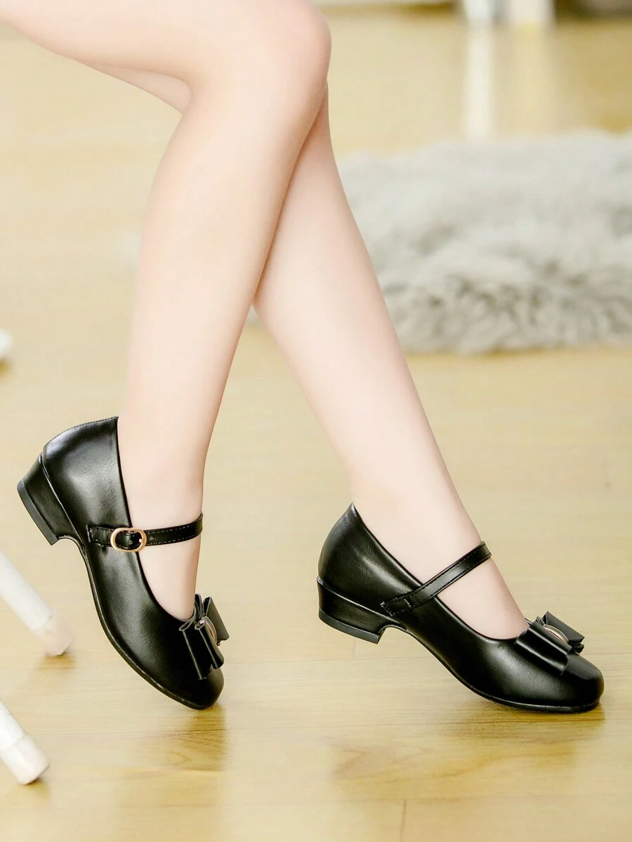 儿童花童婚礼派对礼服搭配优雅白色领结玛丽珍高跟鞋 - 黑色 - 查看 1