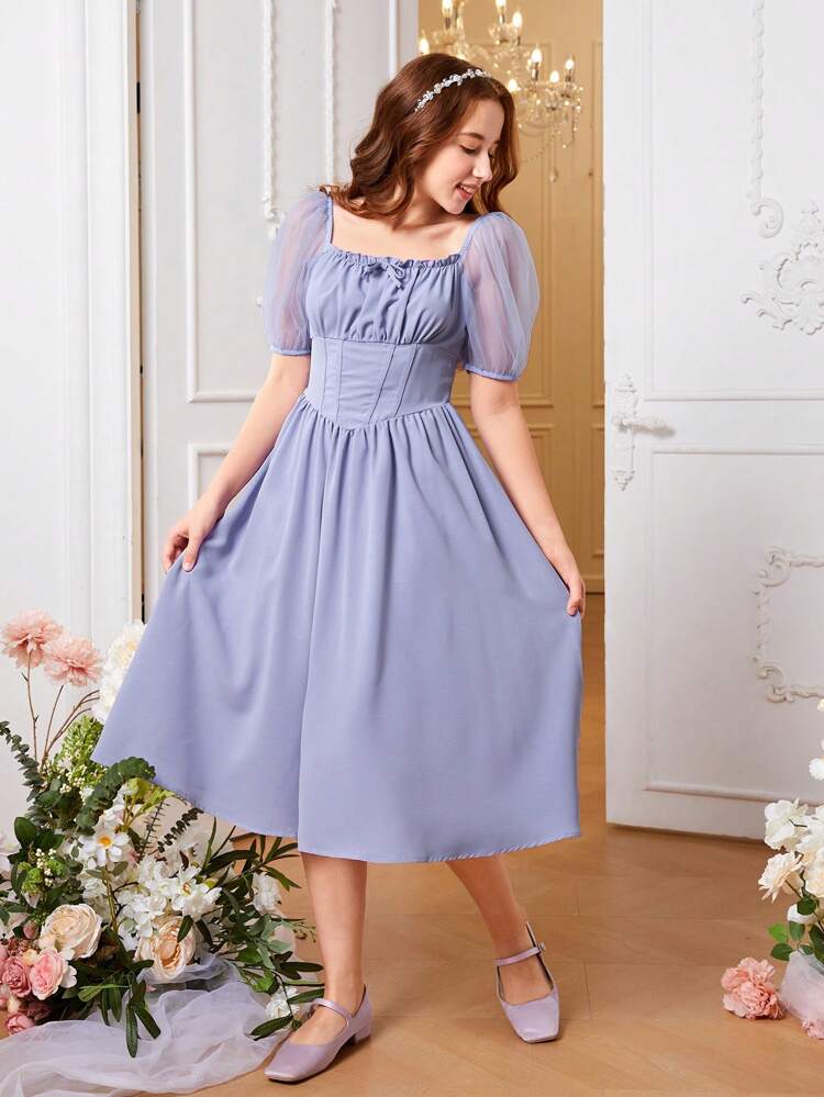 Teen Girl Square Neck Puff Sleeve Dress