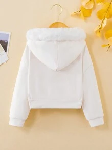 SHEIN Young Girl Chinese Dragon & Letter Graphic Fuzzy Trim Thermal Lined Sweatshirt - White - View 2