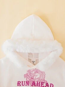 SHEIN Young Girl Chinese Dragon & Letter Graphic Fuzzy Trim Thermal Lined Sweatshirt - White - View 3