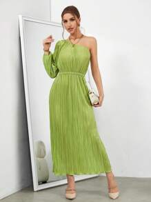 SHEIN Privé One Shoulder Lantern Sleeve Plisse Belted Dress - Green - View 4